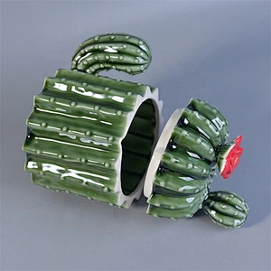 Green Cactus Shaped Ceramic Candle Container For Home Decoration