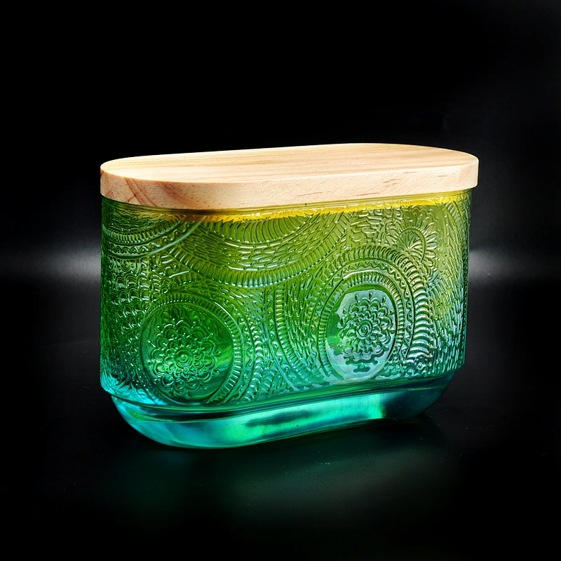 10oz Christmas vintage green glass candle jar with wood lid
