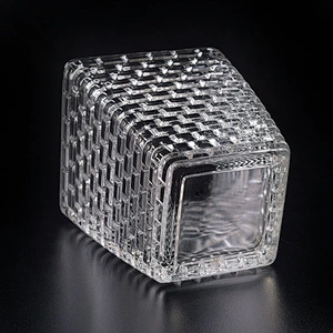 Clear square hand cut glass candle holder 350ml