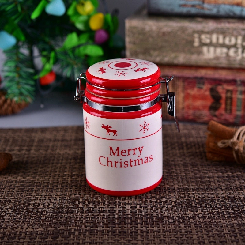 Christmas luxury custom ceramic candle jar with metal lid