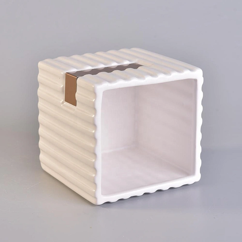 Wholesales stripe white square ceramic holder candle 10oz 12oz