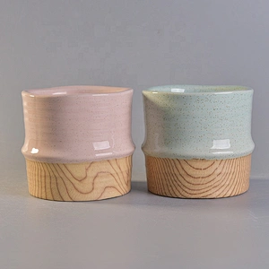 Wholesales pink ceramic candle tumbler jars with wood