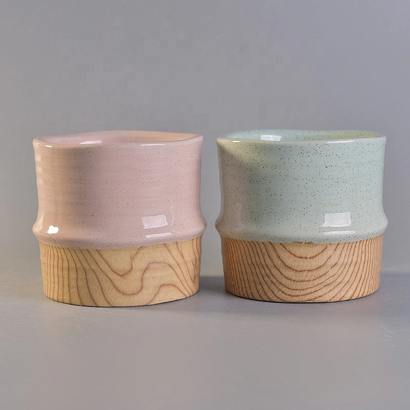 Wholesales pink ceramic candle tumbler jars with wood