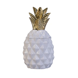 Sunny new design white pineapple ceramic candle vessel with gold lid