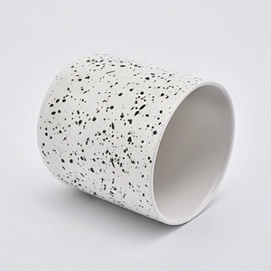 Matte White Ceramic Candle Vessels With Black Glaze Dot Decoration