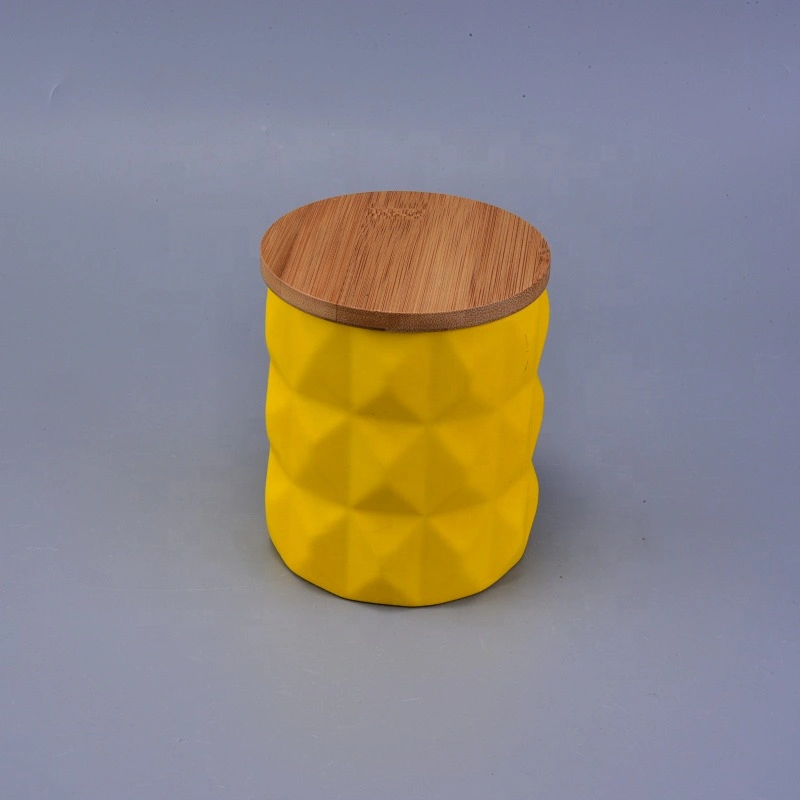 Handmade geo cut ceramic candle holder with wood lid
