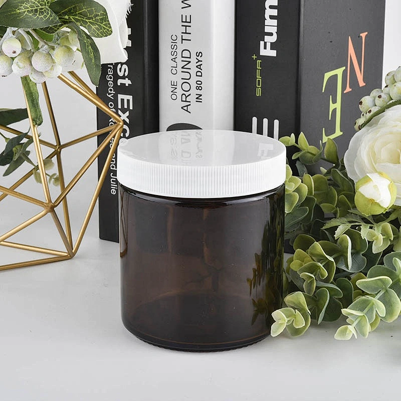 10oz 14oz Bulk custom brown glass candle jars with white plastic lid