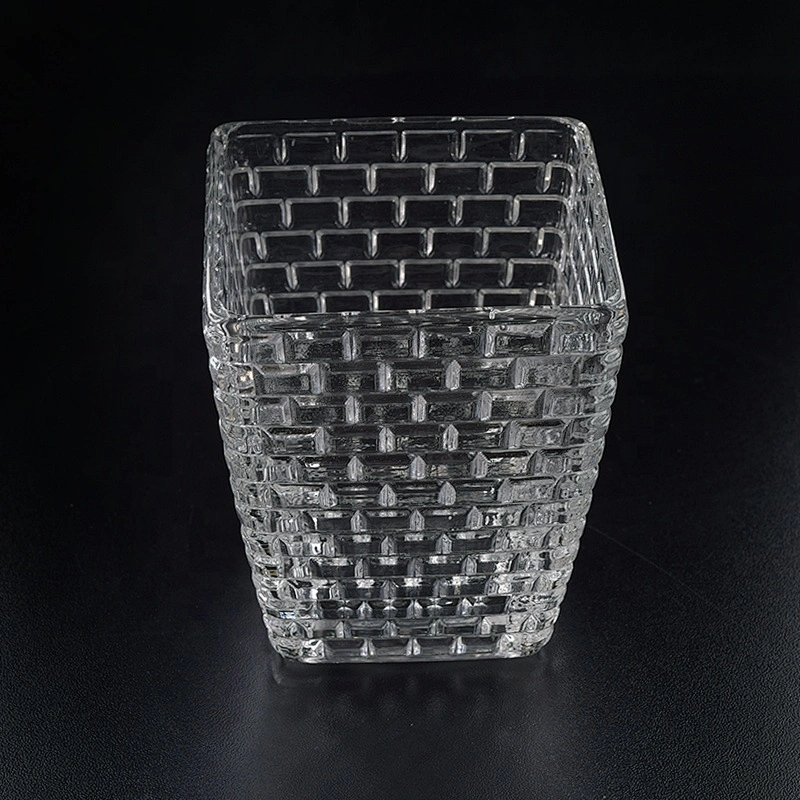 Clear square hand cut glass candle holder 350ml