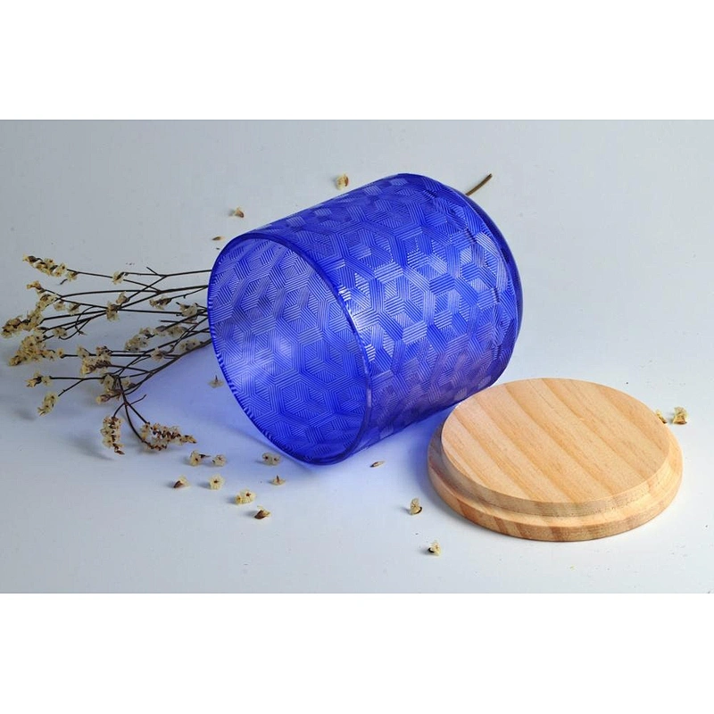 Wholesales round laser electroplated glass candle jar with wood lid