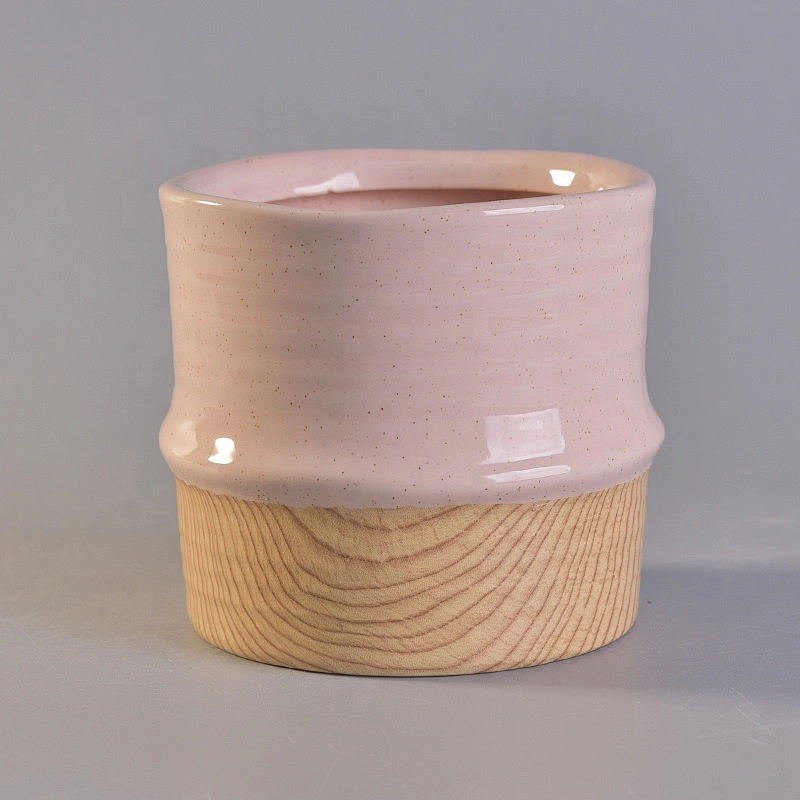 Wholesales pink ceramic candle tumbler jars with wood