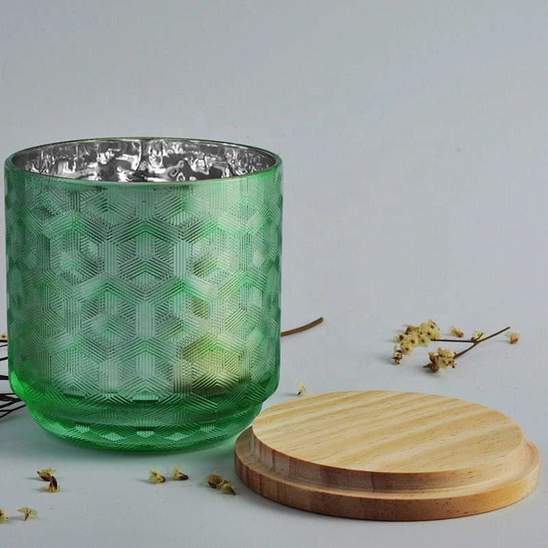 Wholesales electroplated geometric color glass candle holder with wood lid