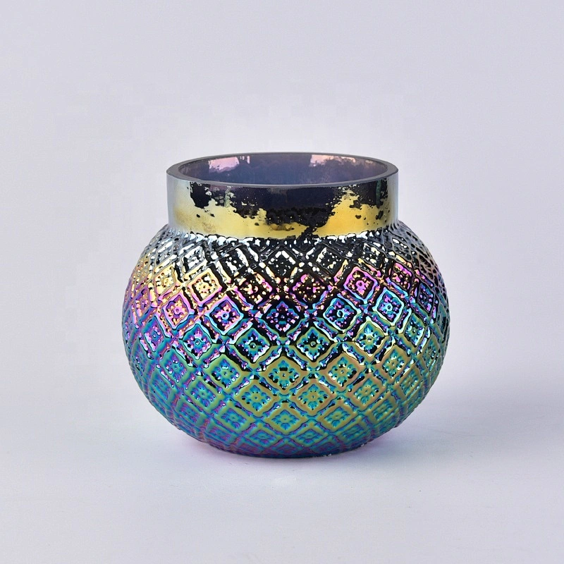 Fancy custom iridescent electroplating glass candle jar