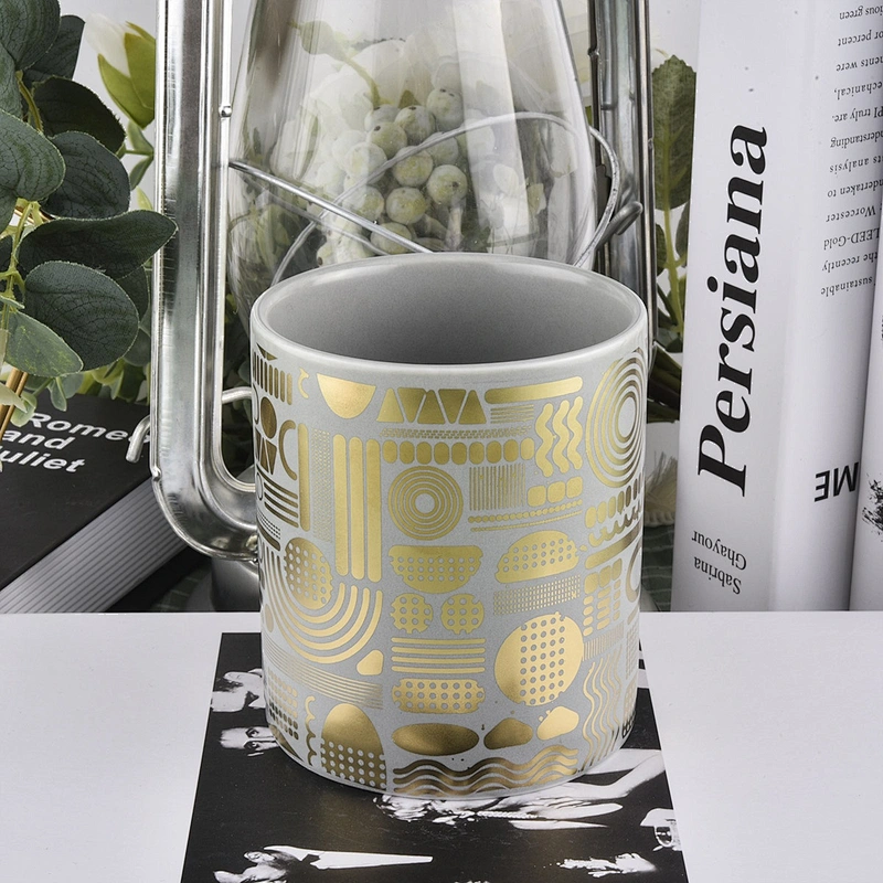 Grey Candle Holder Ceramic With Gold Decoration