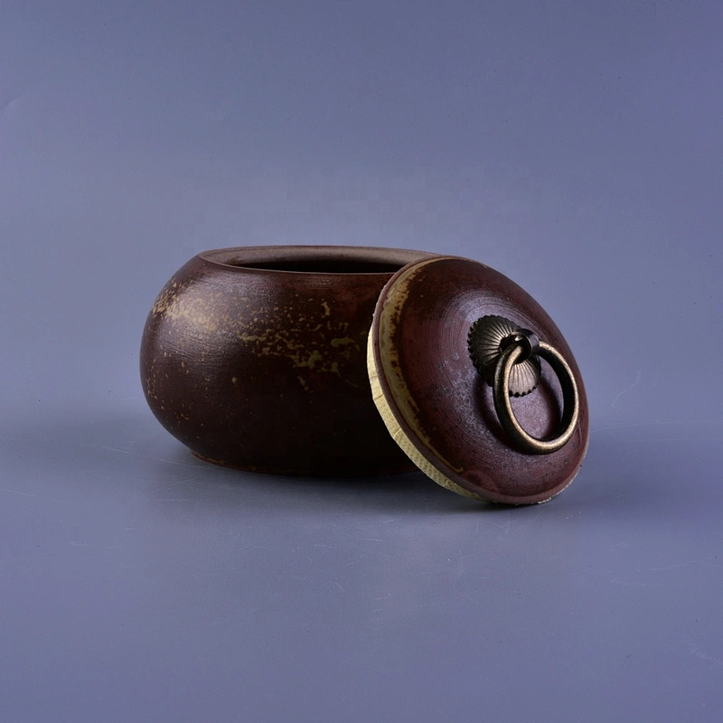 10oz Brown ceramic candle containers tin with lid