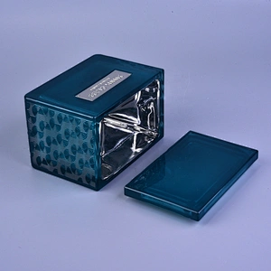 Wholesales luxury blue square glass candle holders with lid