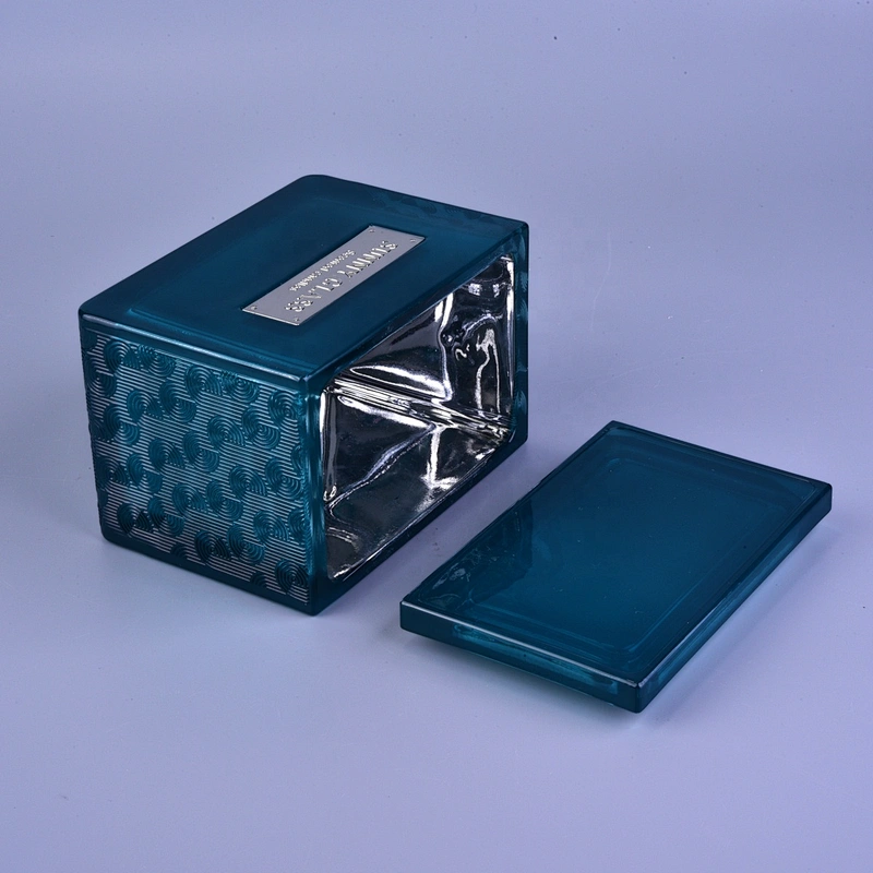 Wholesales luxury blue square glass candle holders with lid
