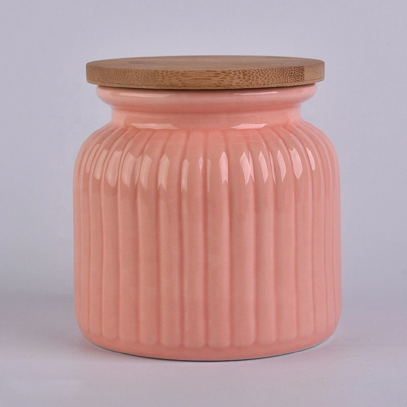 6oz 8oz 10oz Wholesales pink decorative ceramic candle jars with wood lids