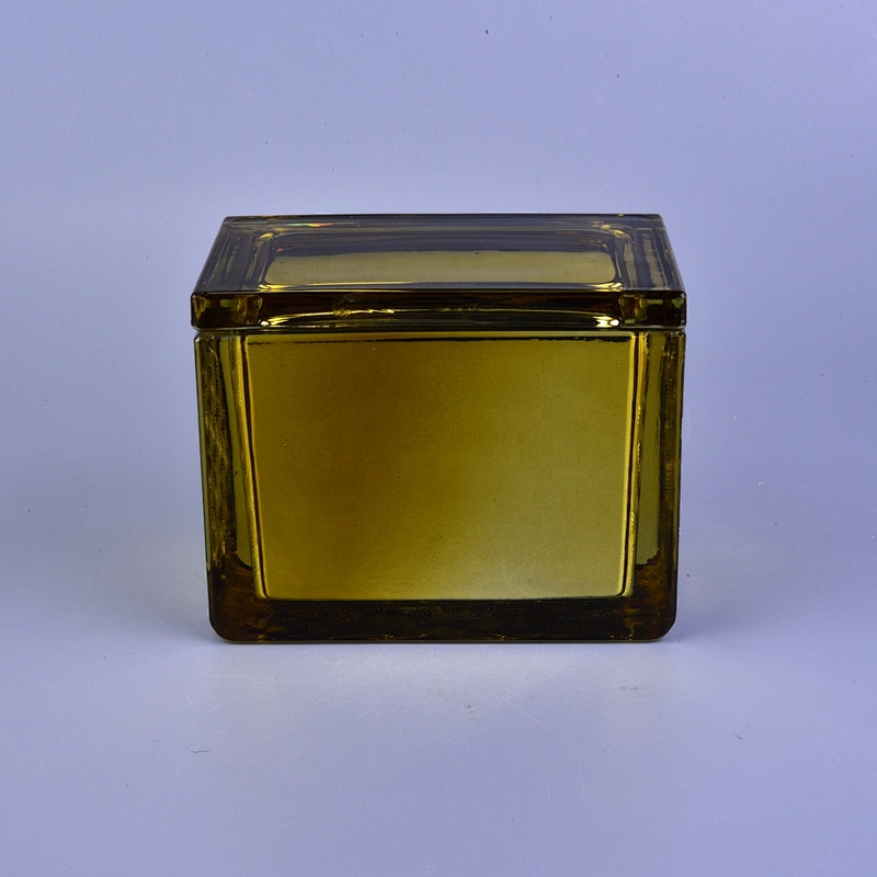 Sunny gold square Glass Candle holder with lid home decoration