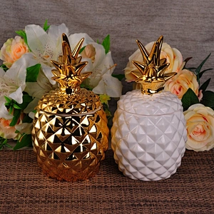 Hot sales luxury pineapple golden ceramic candle jars with lid