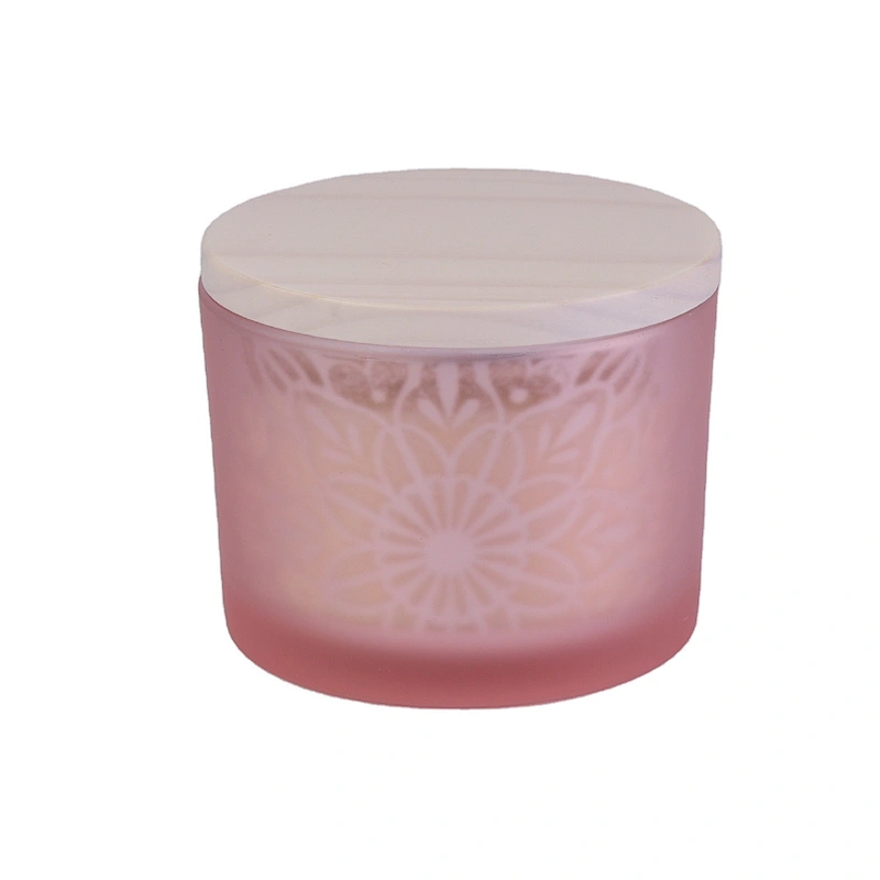 Home decoration frosted pink glass candle jar with wooden lid