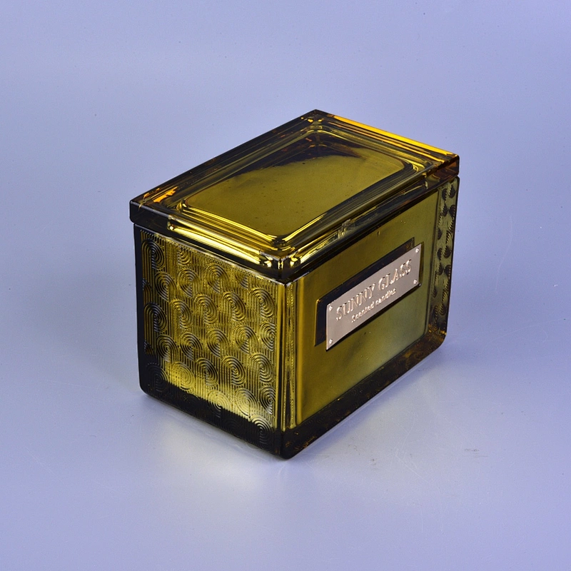 Sunny gold square Glass Candle holder with lid home decoration