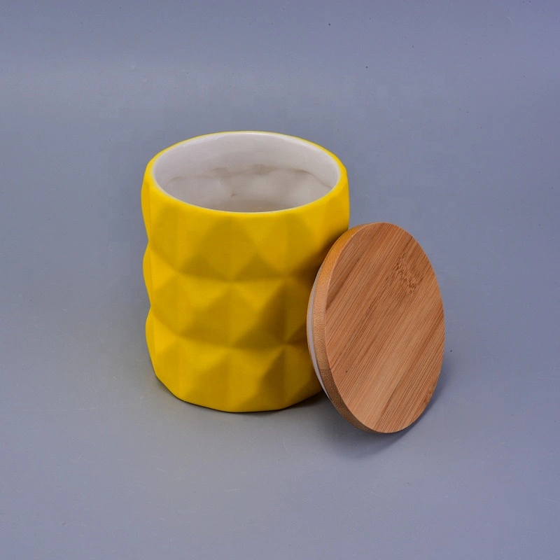 Handmade geo cut ceramic candle holder with wood lid