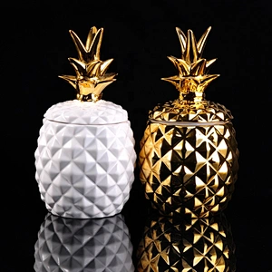 Home decoration white gold luxury pineapple ceramic candle jar with lids