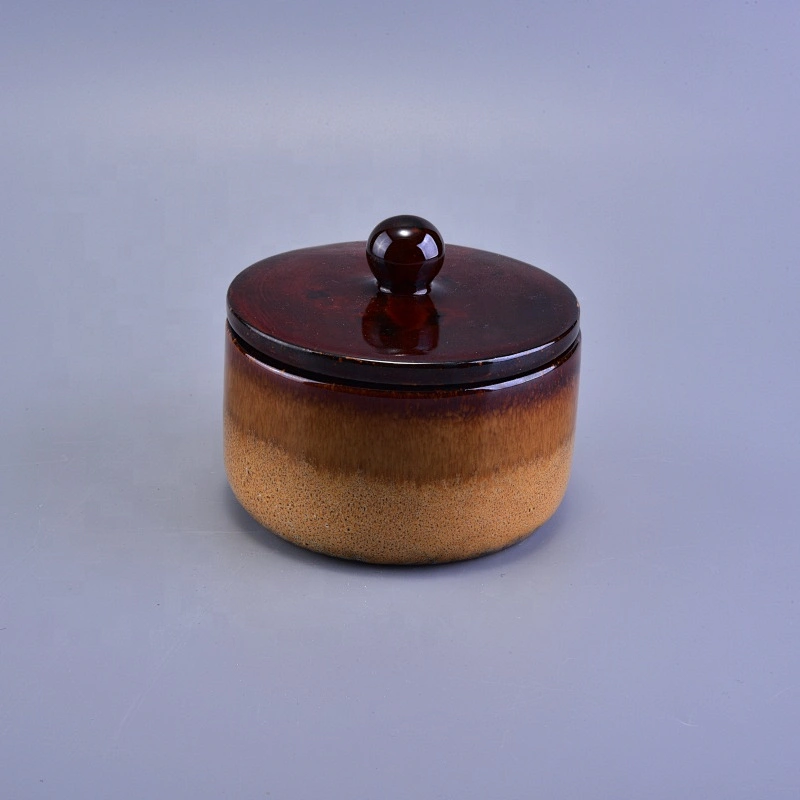 Wholesales chinese brown round ceramic candle container with lid