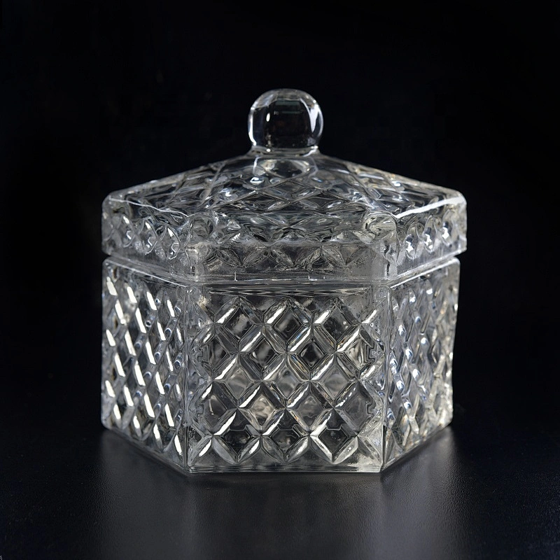 Customized luxury Hexagon tealight empty candle glass holder with lids