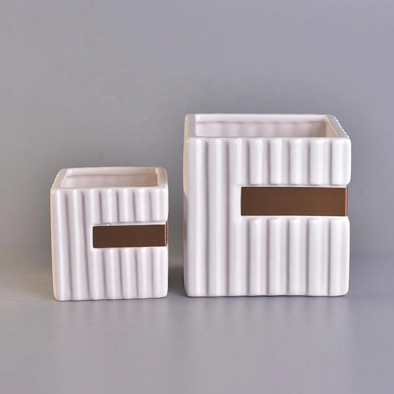 Wholesales stripe white square ceramic holder candle 10oz 12oz
