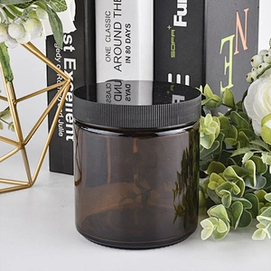 Supplier tealight amber glass candle holders with black plastic lid
