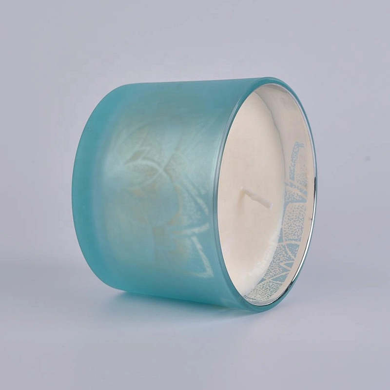 Home decoration Modern blue glass candle holder customized with wood lid
