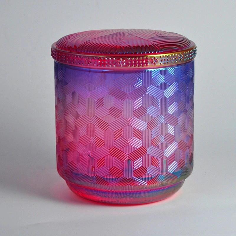 Wholesales electroplated geometric color glass candle holder with wood lid