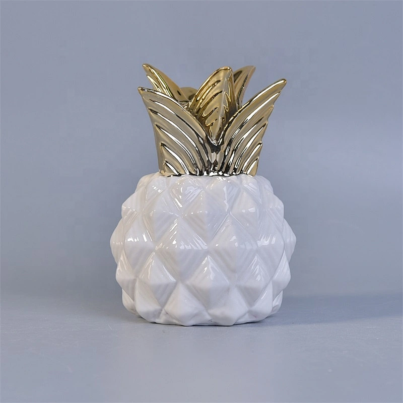 Wholesales Luxury custom white pineapple candle ceramic container with gold lid