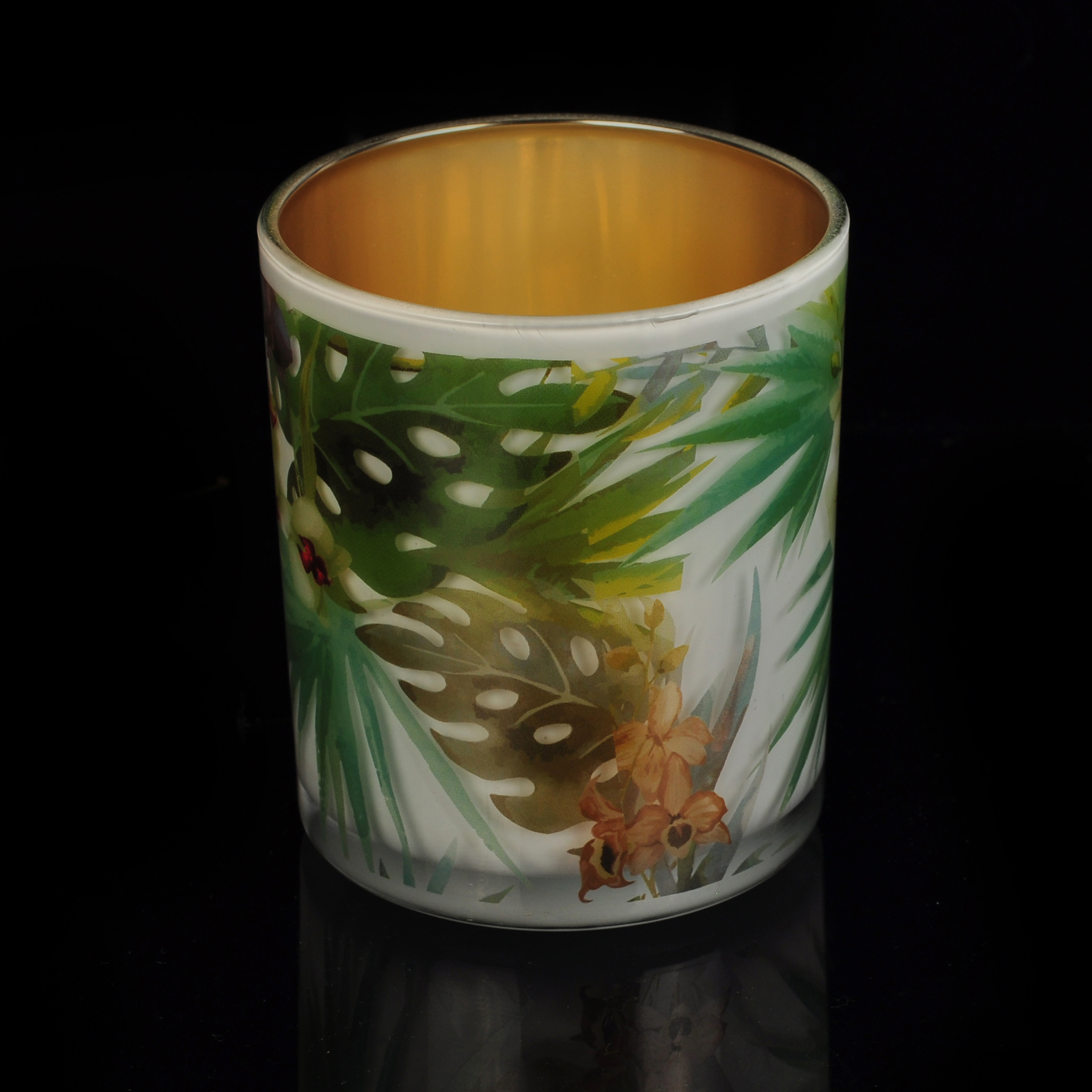 Luxury Gold plating Glass Candle Jar With Surrounding Decal