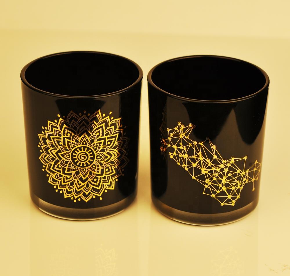 Black Candle Glass Jar With Gold Decoration