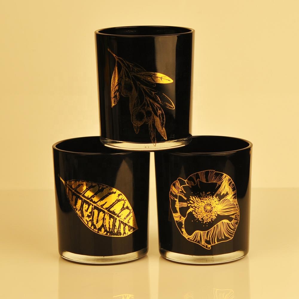 Black Candle Glass Jar With Gold Decoration