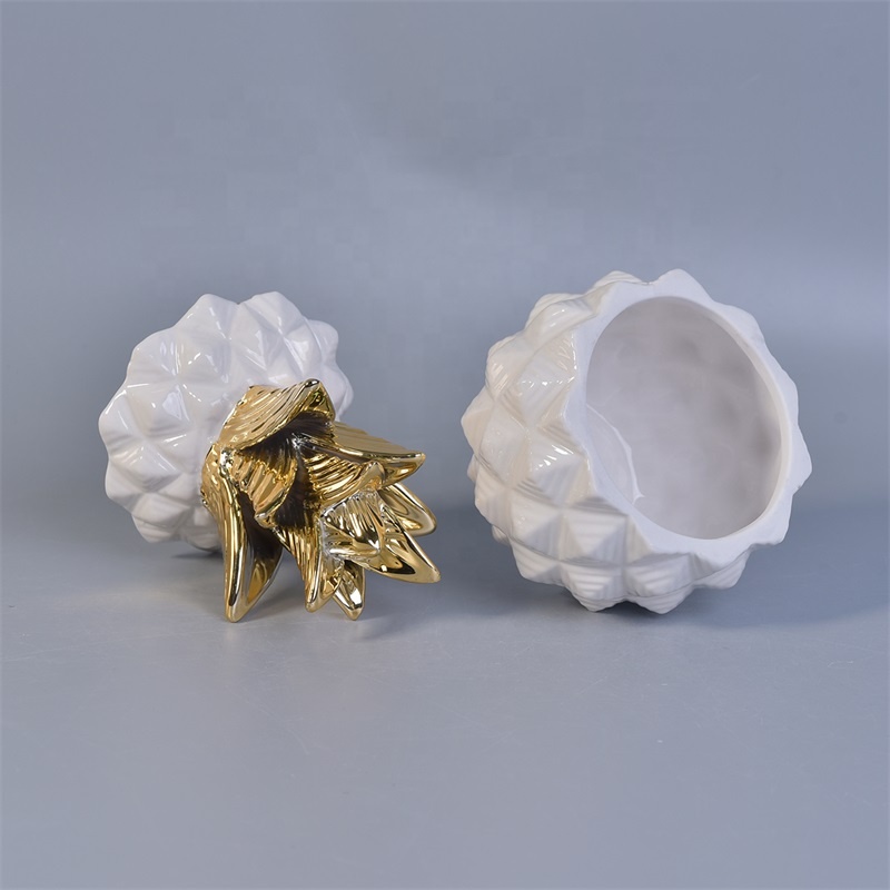 White Pineapple Ceramic Candle Jars With Gold Lids