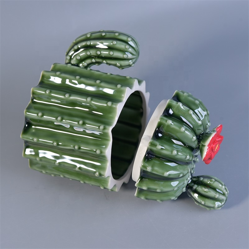 Green Cactus Shaped Ceramic Candle Container For Home Decoration