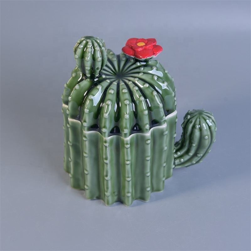 Green Cactus Shaped Ceramic Candle Container For Home Decoration
