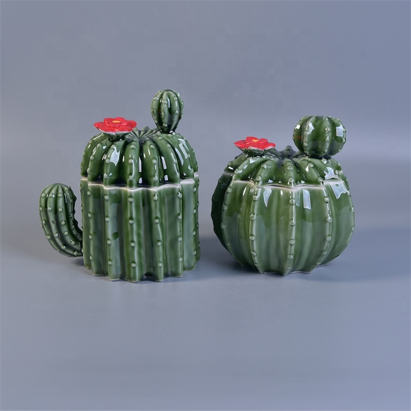 Green Cactus Shaped Ceramic Candle Container For Home Decoration