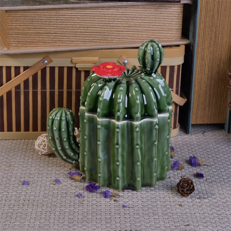 Green Cactus Shaped Ceramic Candle Container For Home Decoration