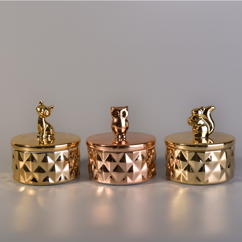 Gold Ceramic Candle Vessels With Animal Lid