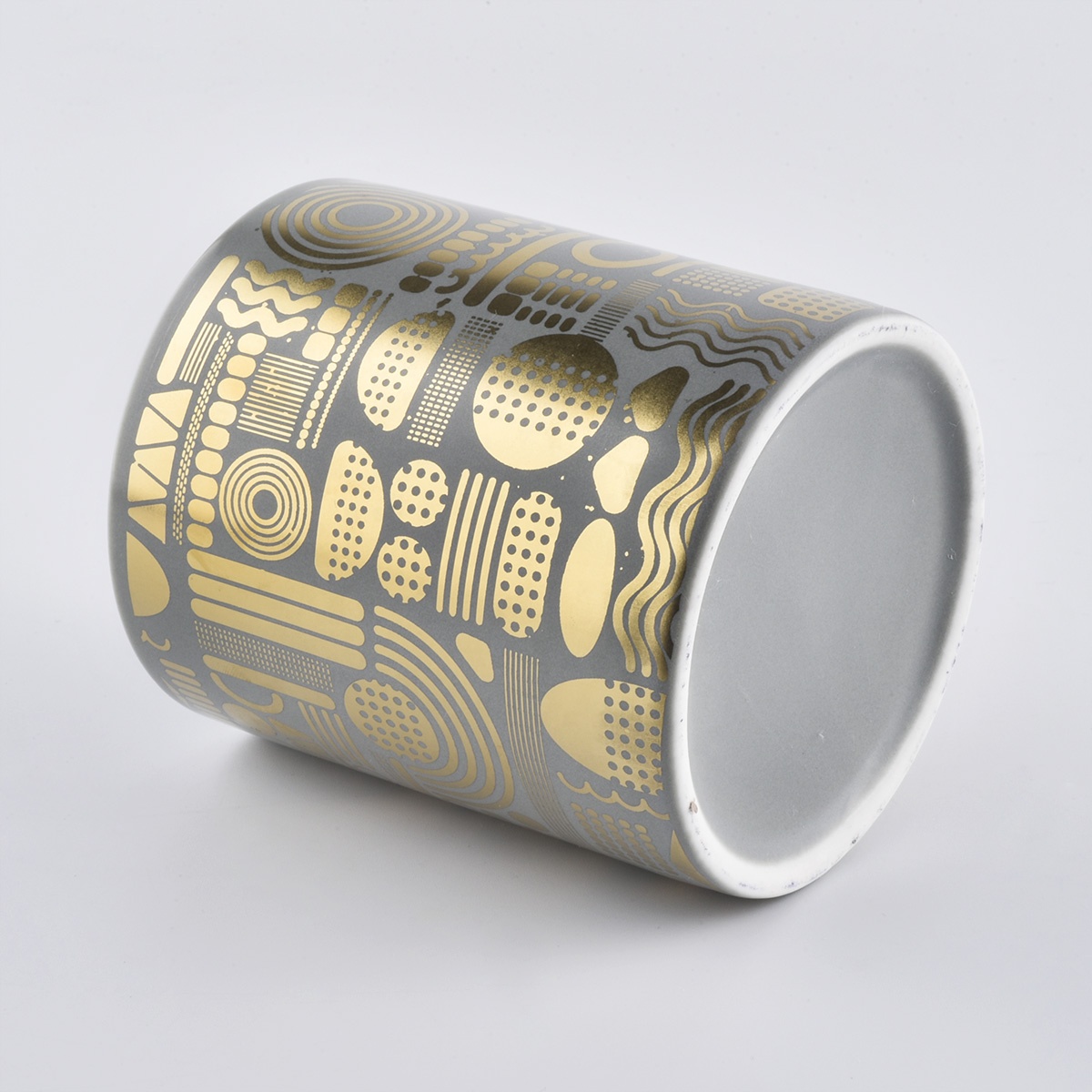 Gray Candle Holder Ceramic With Gold Decoration