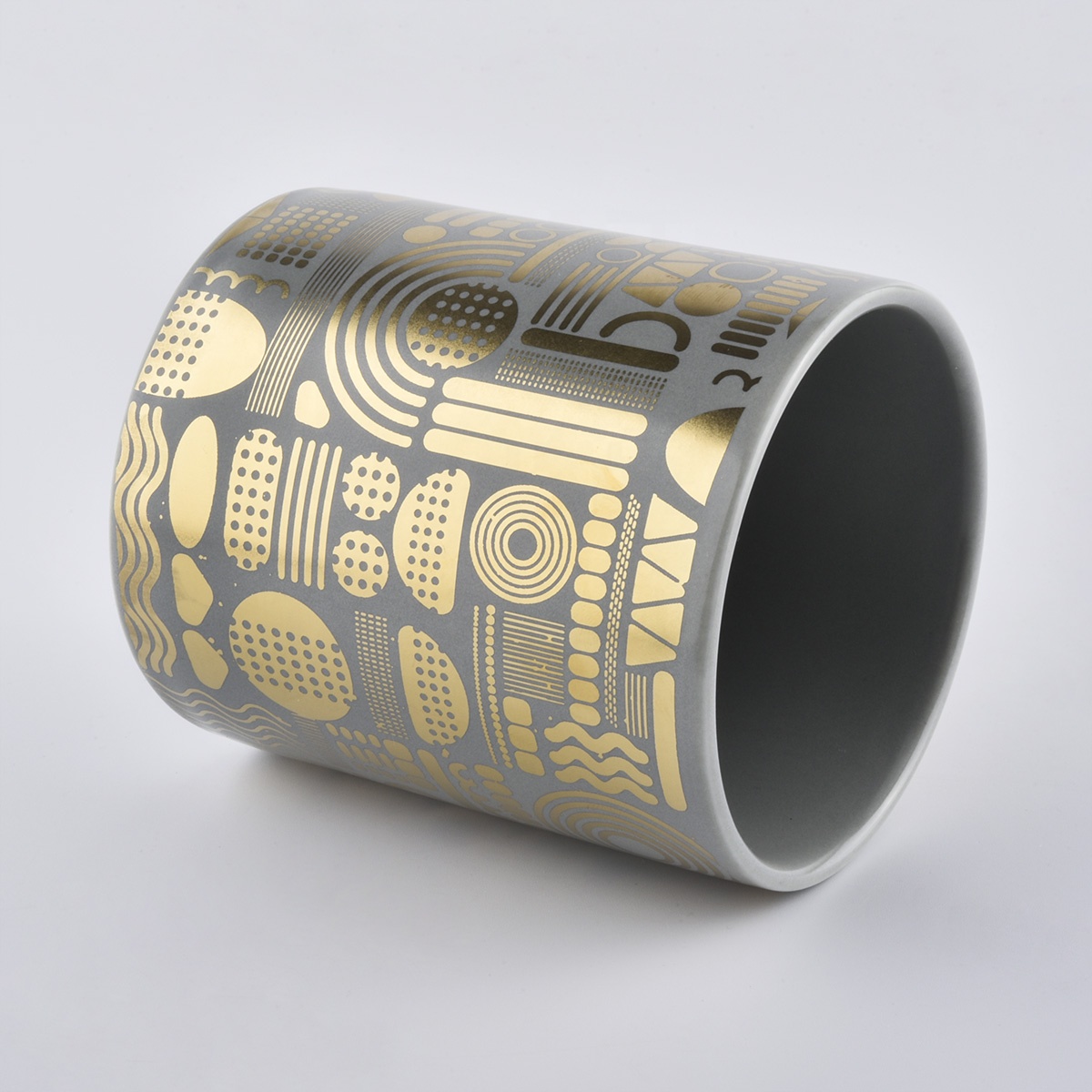 Gray Candle Holder Ceramic With Gold Decoration
