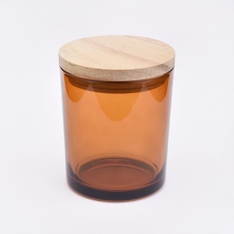 400ml Amber Glass Candle Holder With Wooden Lids