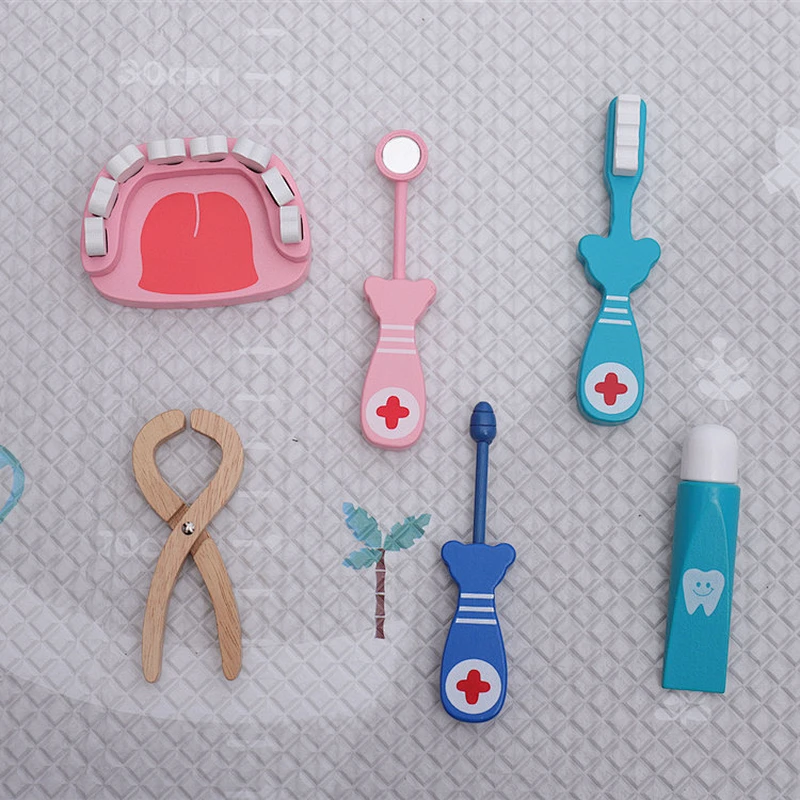 Children Dental toys 6 pieces kids wooden educational toys with yellow canvas bags Over Every Family Toys