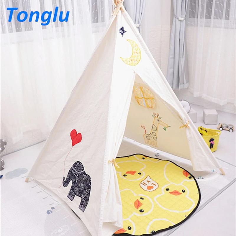 Ins Kids Indian Teepee Tent Children Play Tent Indoor & Outdoor Toddler Playhouse Cotton Canvas Teepee with Wood pole