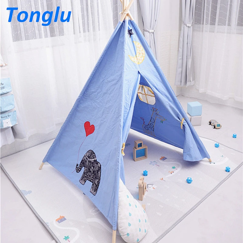 Ins Kids Indian Teepee Tent Children Play Tent Indoor & Outdoor Toddler Playhouse Cotton Canvas Teepee with Wood pole