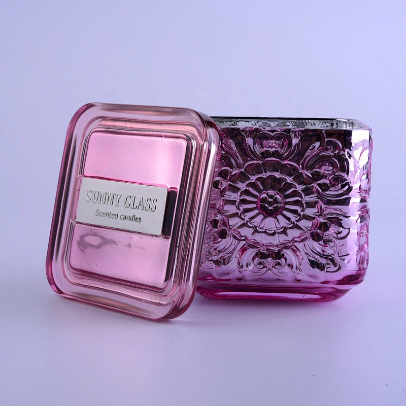 Custom pink square electroplated scented glass candle holder with lid